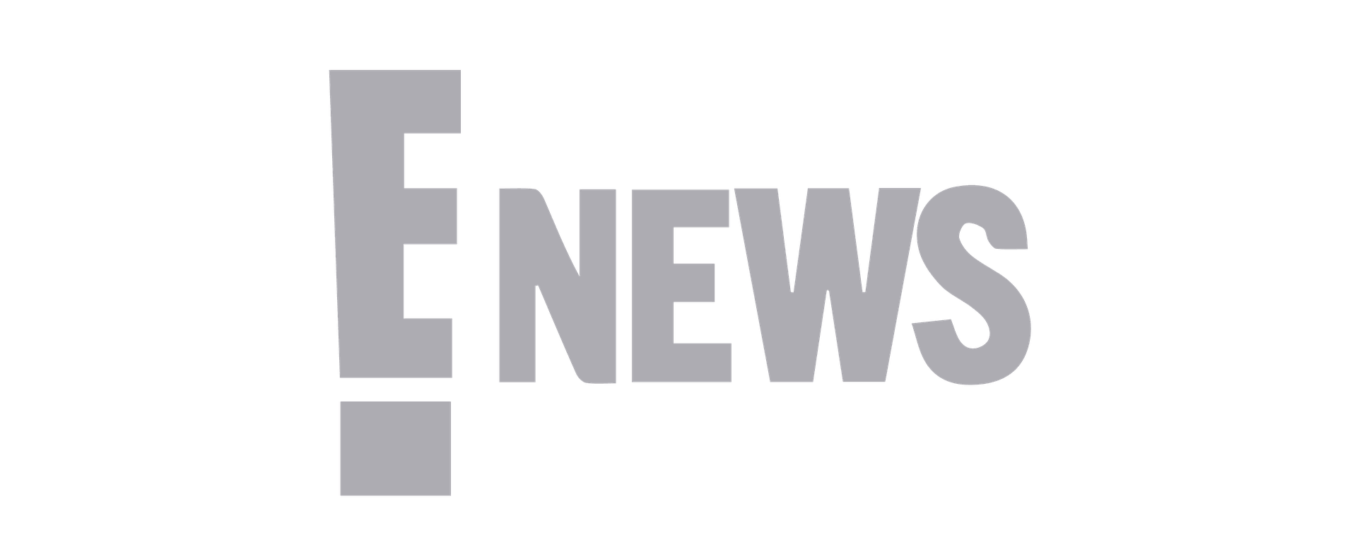 Logo of E! News in gray on a black background.