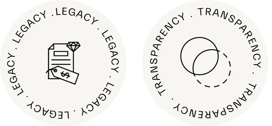 Two circular icons featuring the words "LEGACY" and "TRANSPARENCY." One side shows a document with a dollar sign and a diamond, the other has overlapping circles.