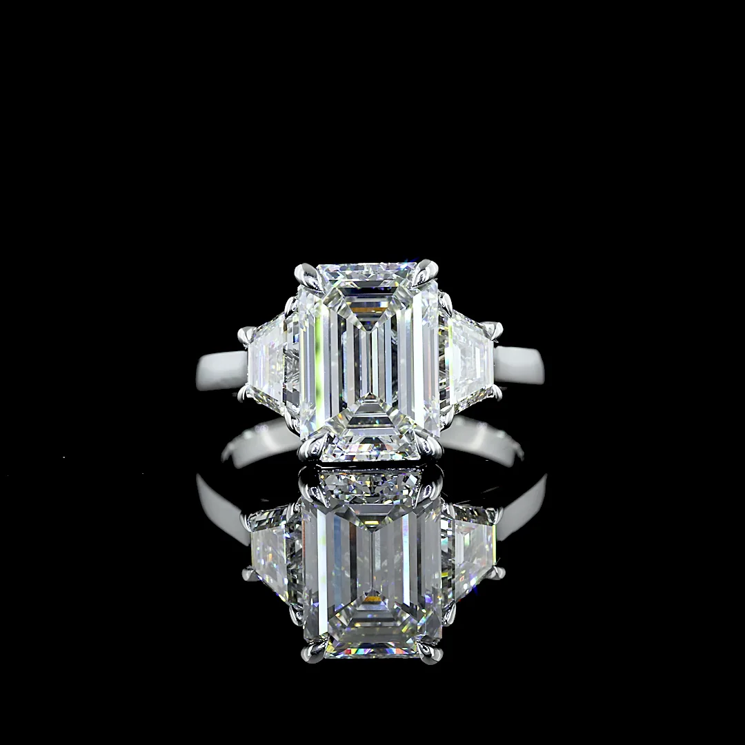 3.96 Cts Platinum Emerald Shape 3 Stones Ring - Video