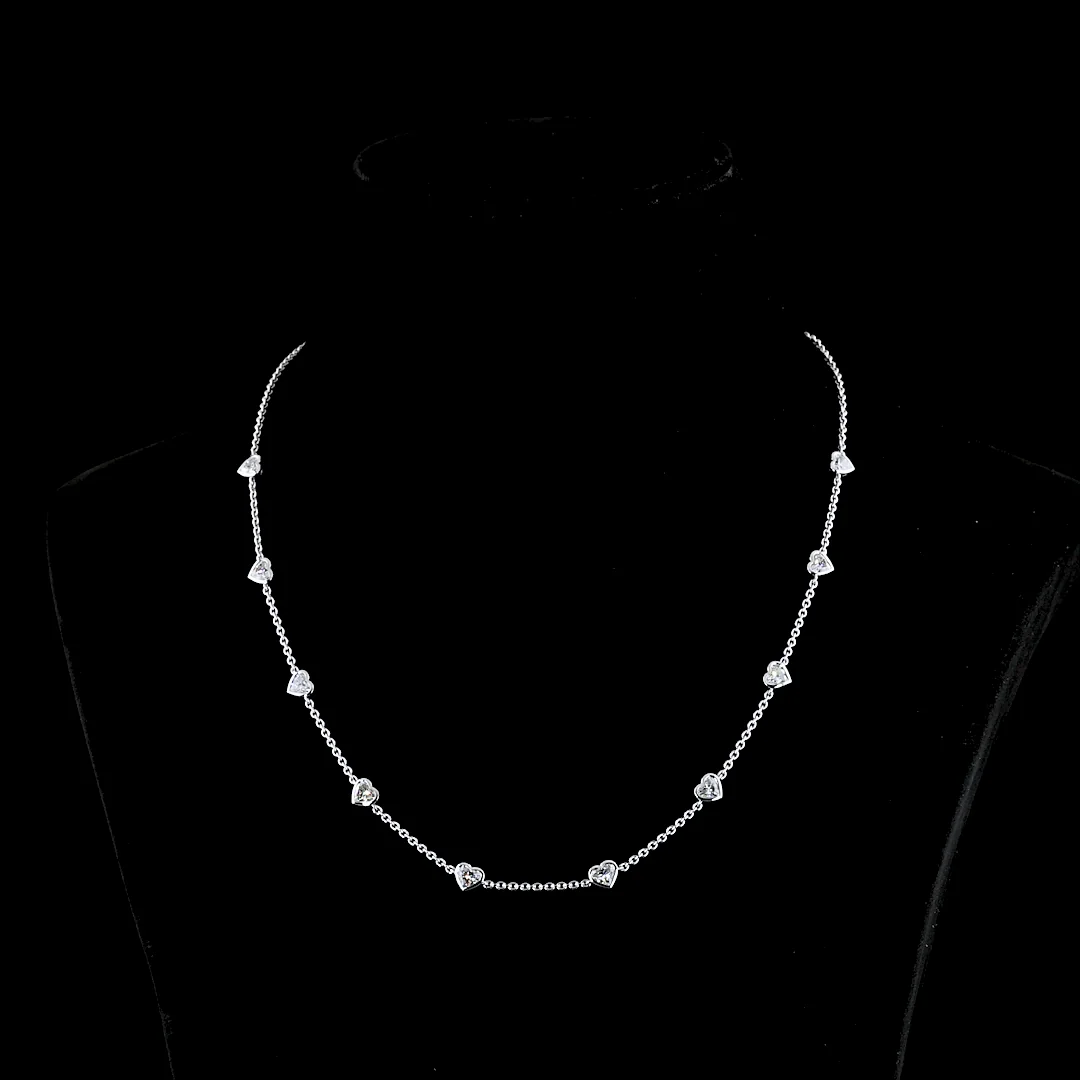 3.15 Cts 14k White Gold Heart Shape Station Necklace - Video