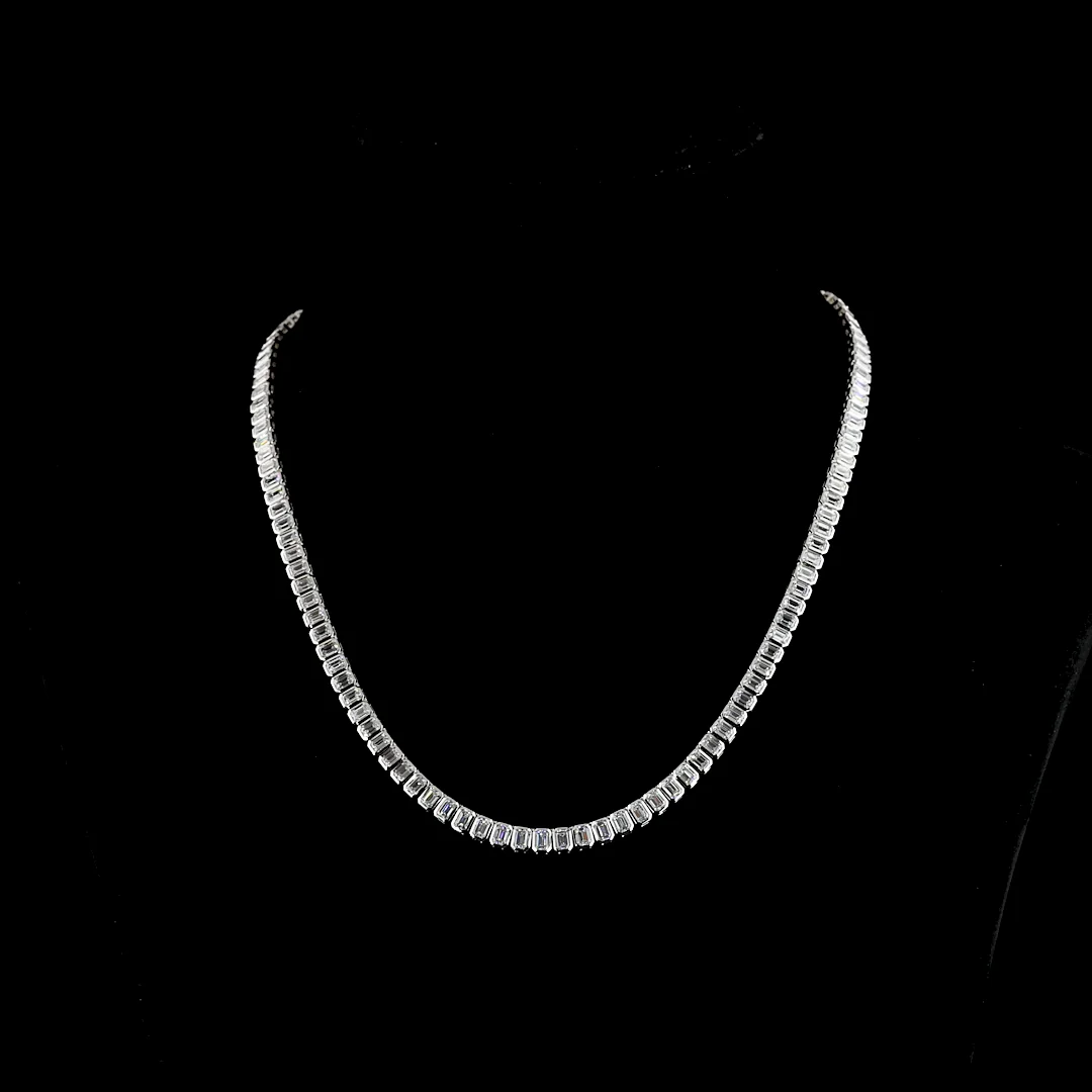 14.25 Cts 14k White Gold Emerald Shape Tennis Necklace - Video