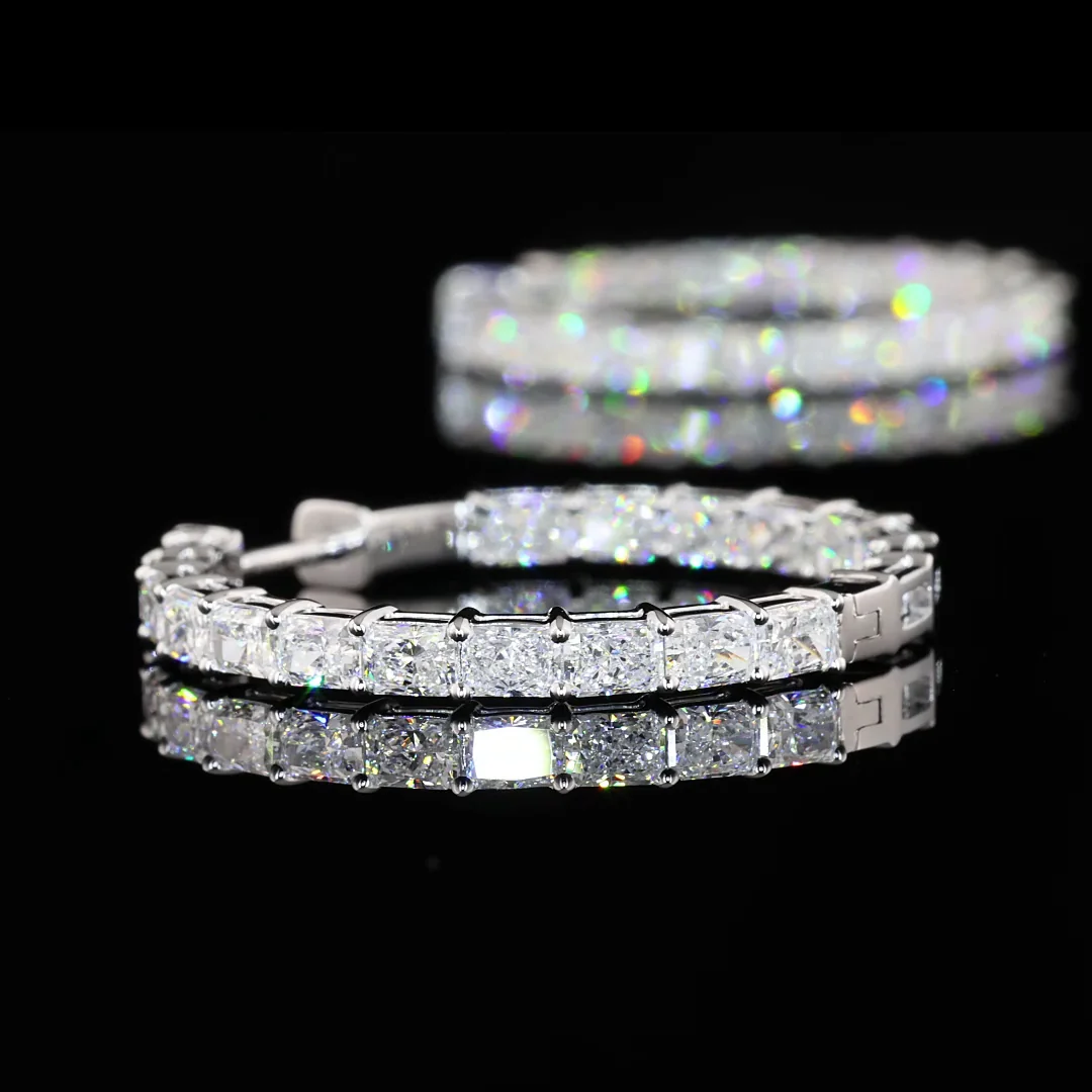 3.95 Cts 14k White Gold Radiant Shape Hoops Earring - Image 4