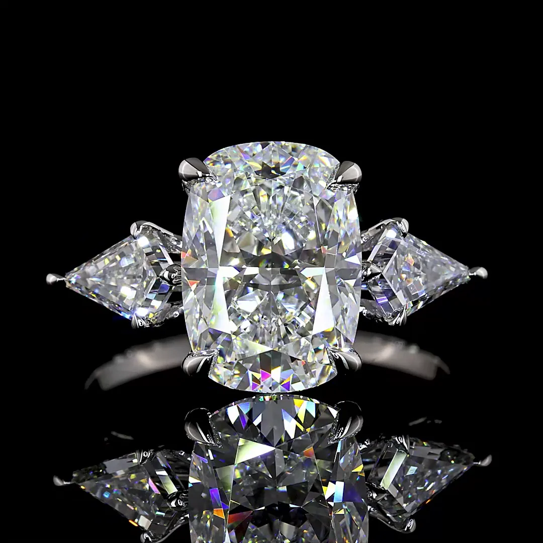 3.8 Cts Platinum Cushion Brilliant Shape 3 Stones Ring - Image 3
