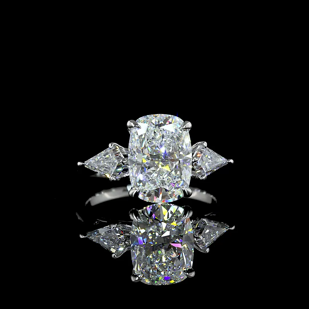 3.8 Cts Platinum Cushion Brilliant Shape 3 Stones Ring - Video