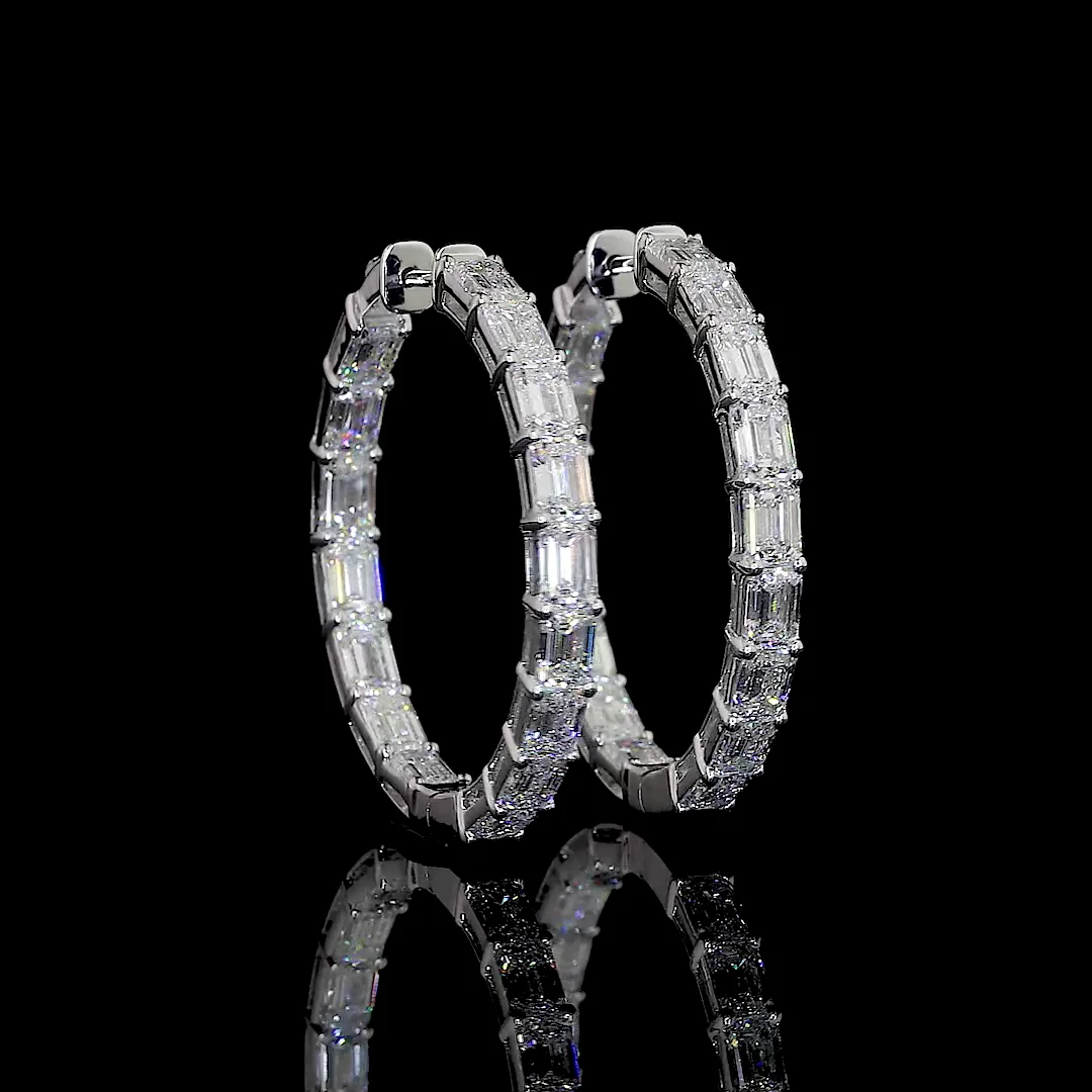 9.86 Cts 14k White Gold Emerald Shape Hoops Earring - Video
