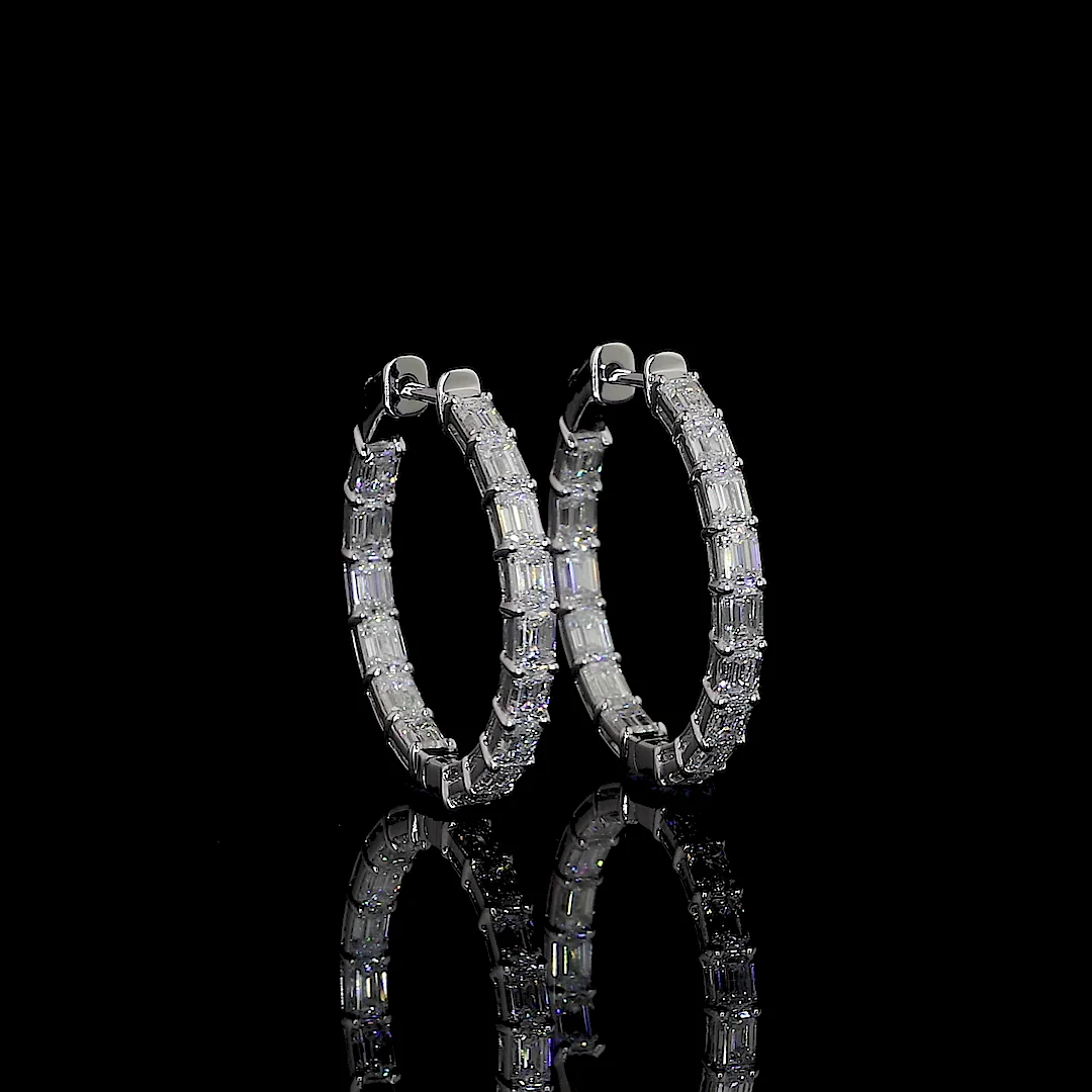 3.56 Cts 14k White Gold Emerald Shape Hoops Earring - Video