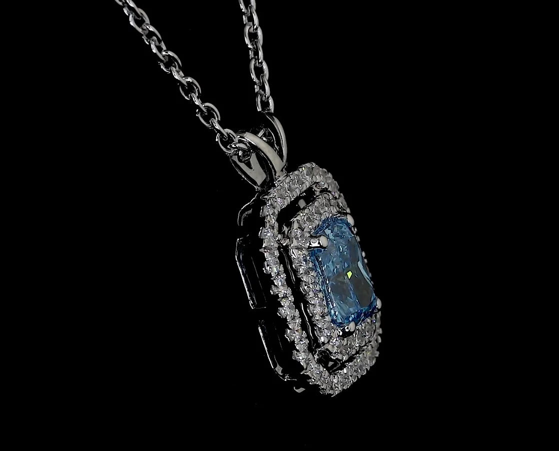 0.72 Cts 14k White Gold Radiant Shape Double Halo Pendant - Image 2