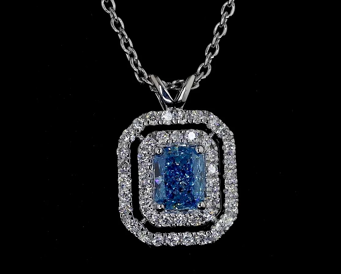 0.72 Cts 14k White Gold Radiant Shape Double Halo Pendant - Image 3