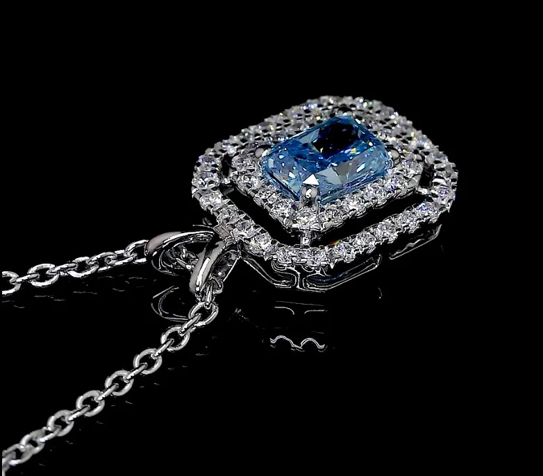 0.72 Cts 14k White Gold Radiant Shape Double Halo Pendant - Image 4