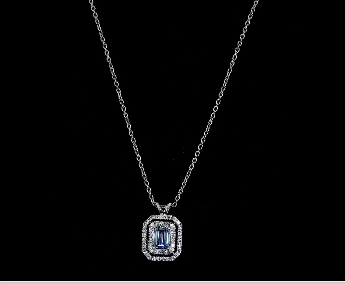 1.02 Cts 14k White Gold Emerald Shape Double Halo Pendant - Video