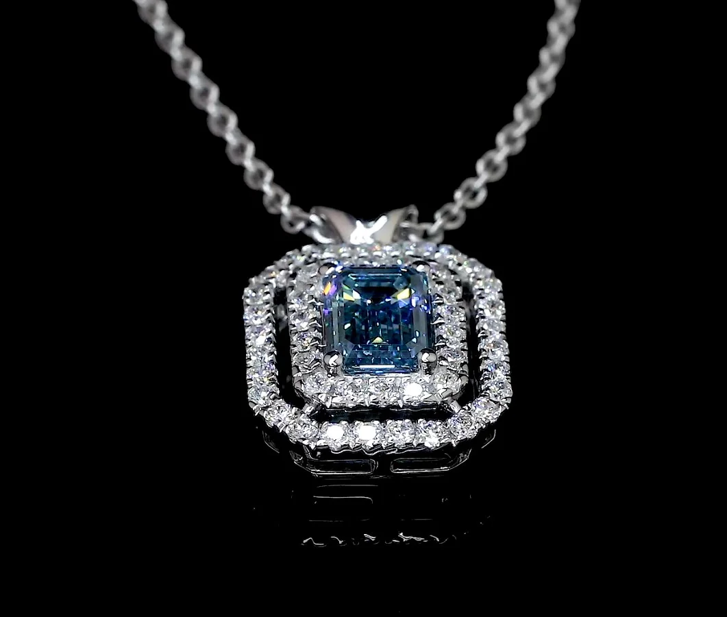 0.74 Cts 14k White Gold Emerald Shape Double Halo Pendant - Image 2