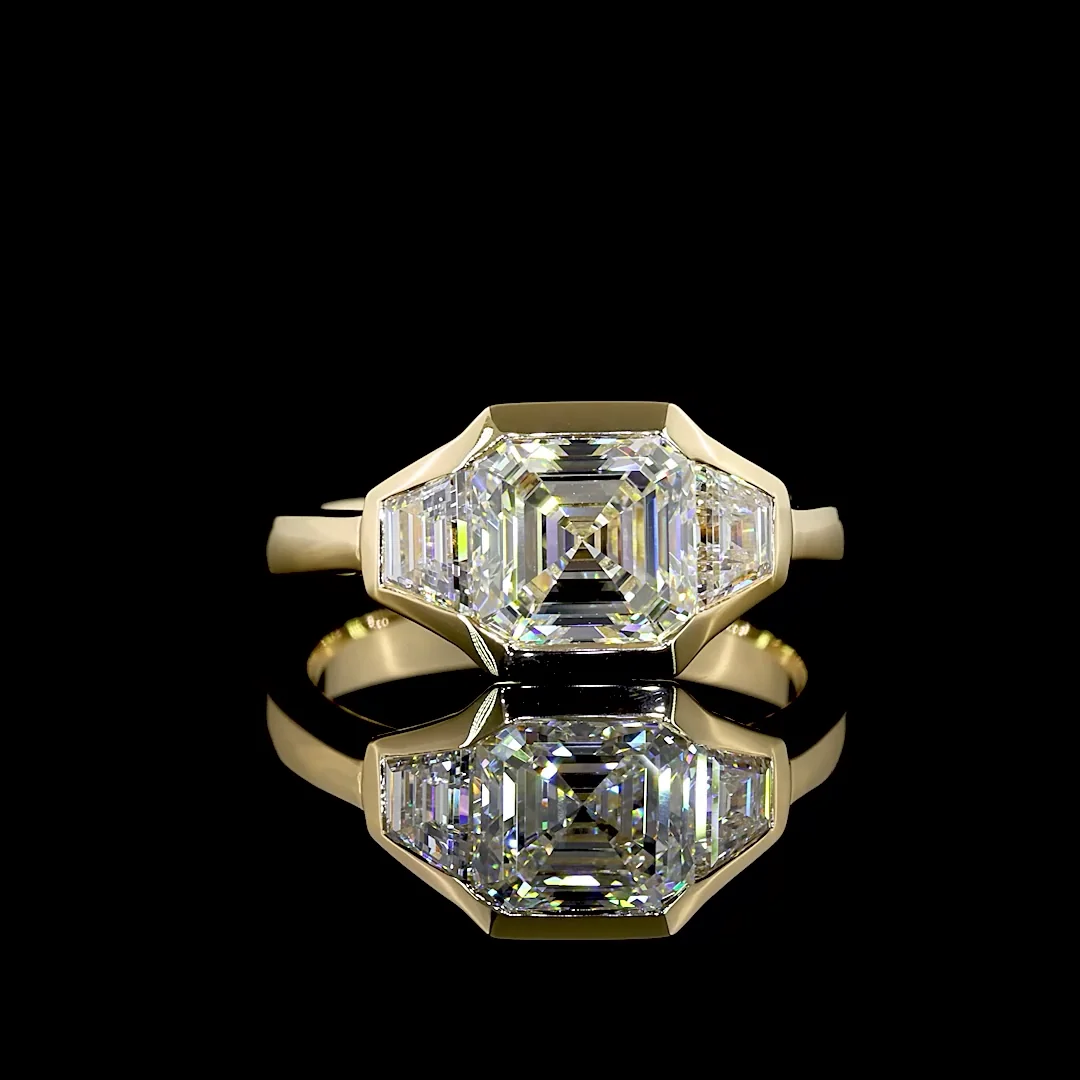 2.62 Cts 14k Yellow Gold Asscher Shape 3 Stones Ring
