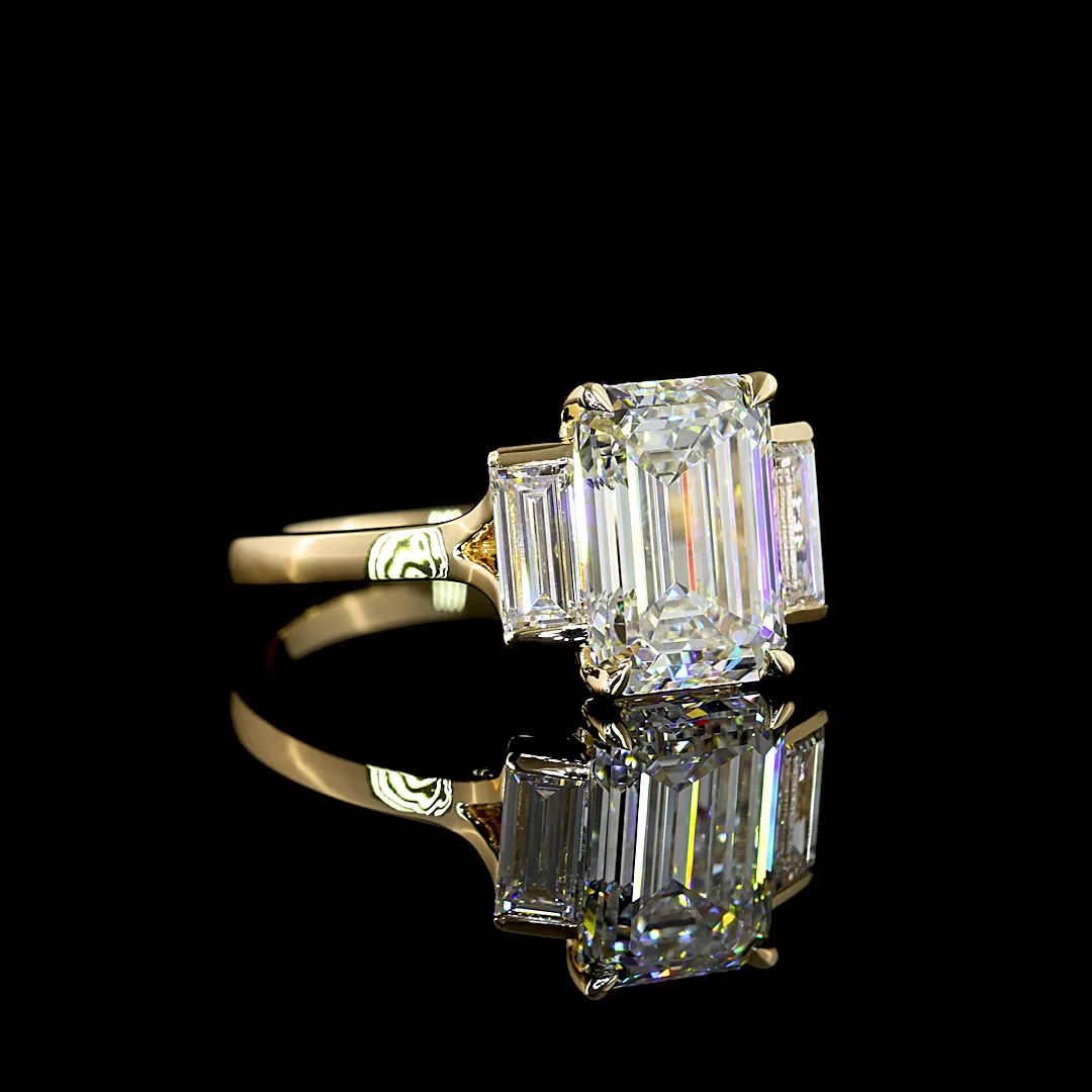 3.67 Cts 14k Yellow Gold Emerald Shape 3 Stones Ring