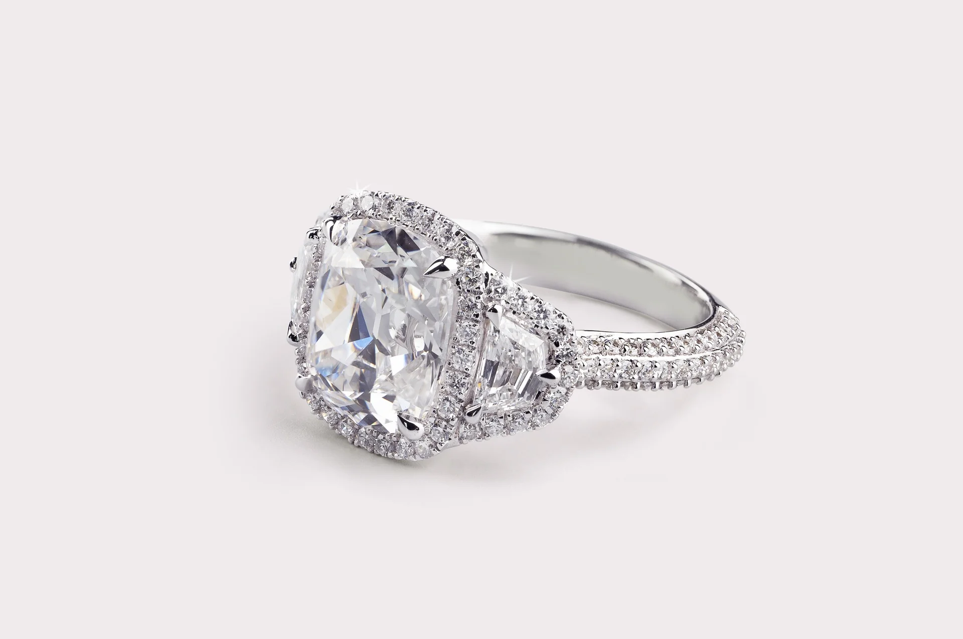 5.61 Cts 14k White Gold Antique Cushion Shape 3 Stones Halo Ring