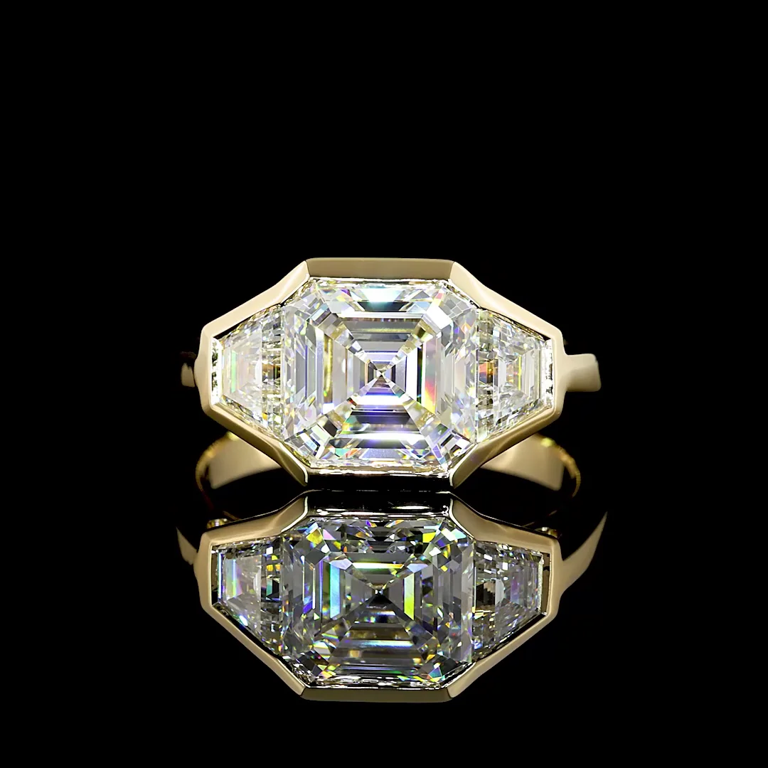 3.73 Cts 14k Yellow Gold Asscher Shape 3 Stones Ring