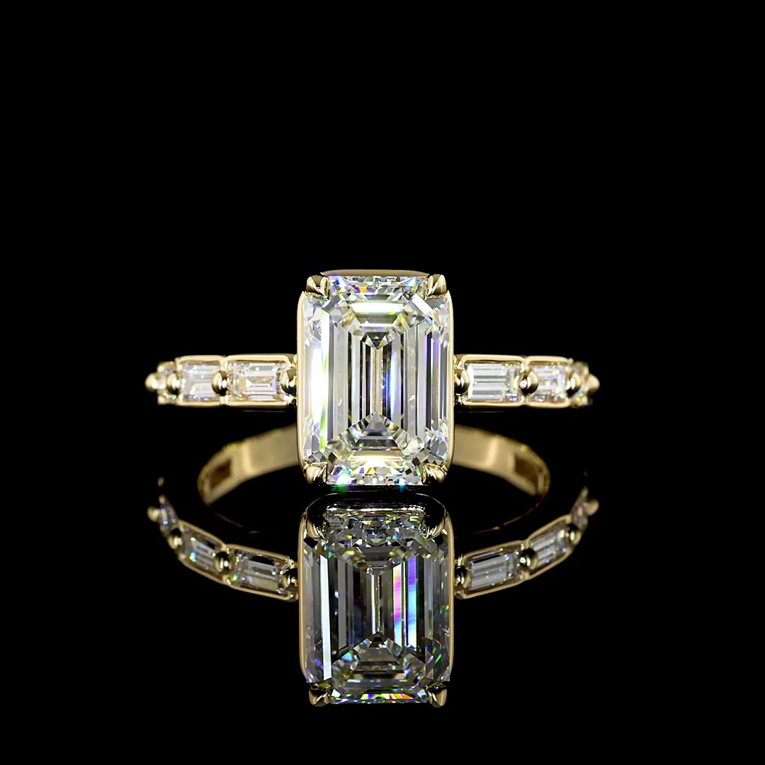 3.14 Cts 14k Yellow Gold Emerald Shape Solitaire Diamond Shank Ring