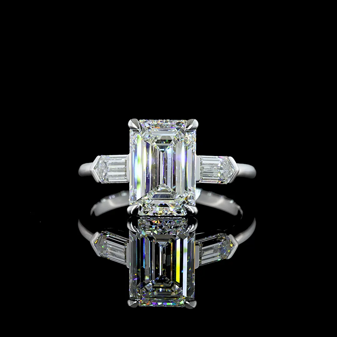 3.81 Cts 14k White Gold Emerald Shape 3 Stones Ring